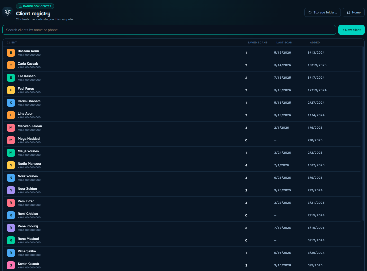 The LabKeep Scans client registry listing 24 clients with saved scan counts and dates