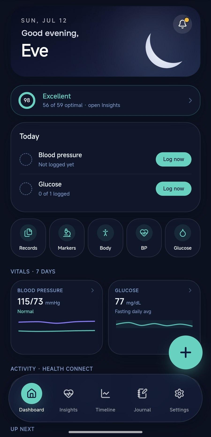 LabKeep dashboard: today's vitals, a rolling health score, and a time-reactive greeting