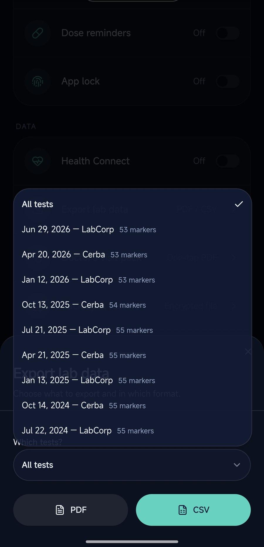 LabKeep export screen listing two years of lab draws from LabCorp and Cerba