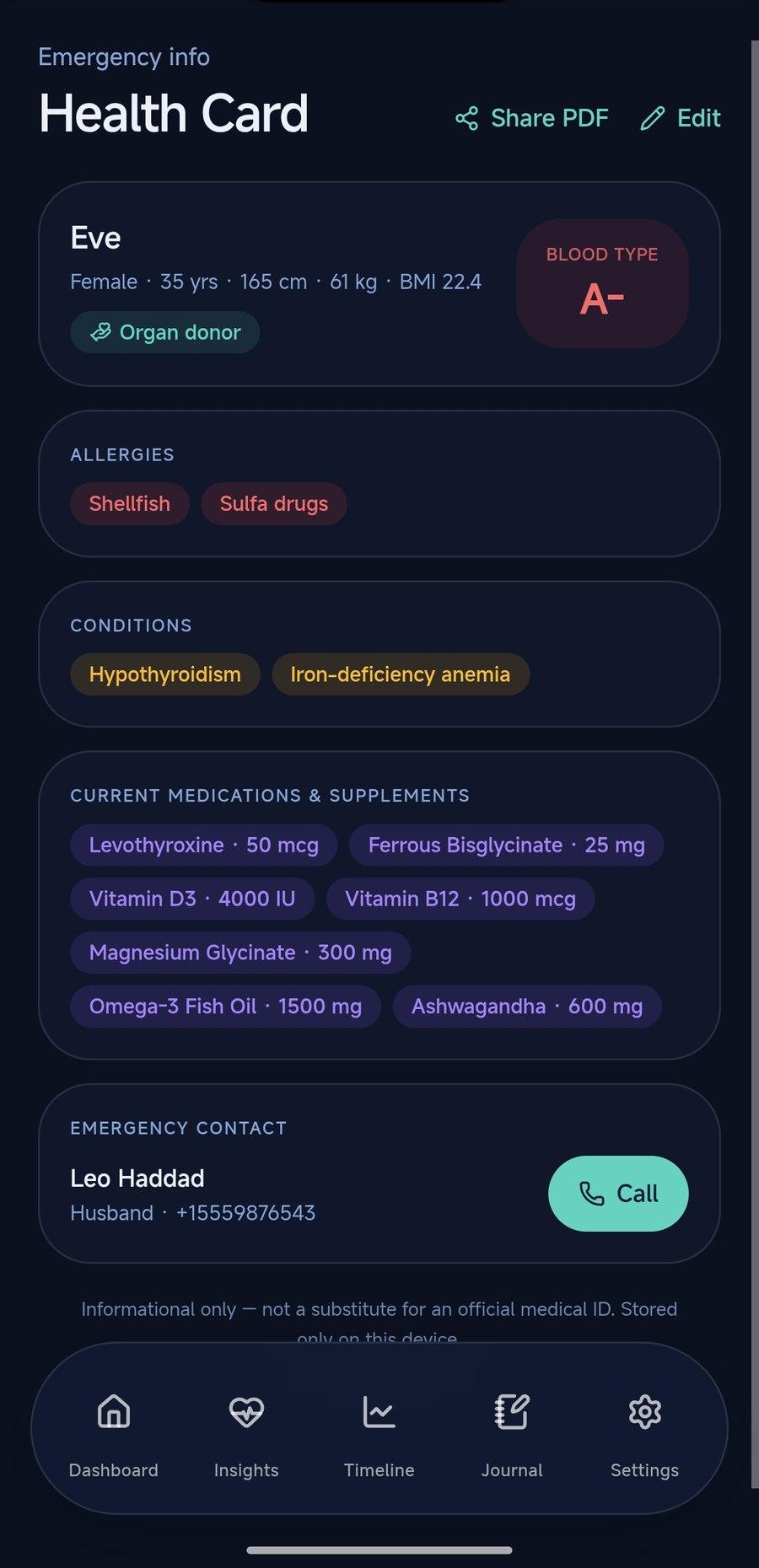 LabKeep Health Card with blood type, allergies, medications, and emergency contact