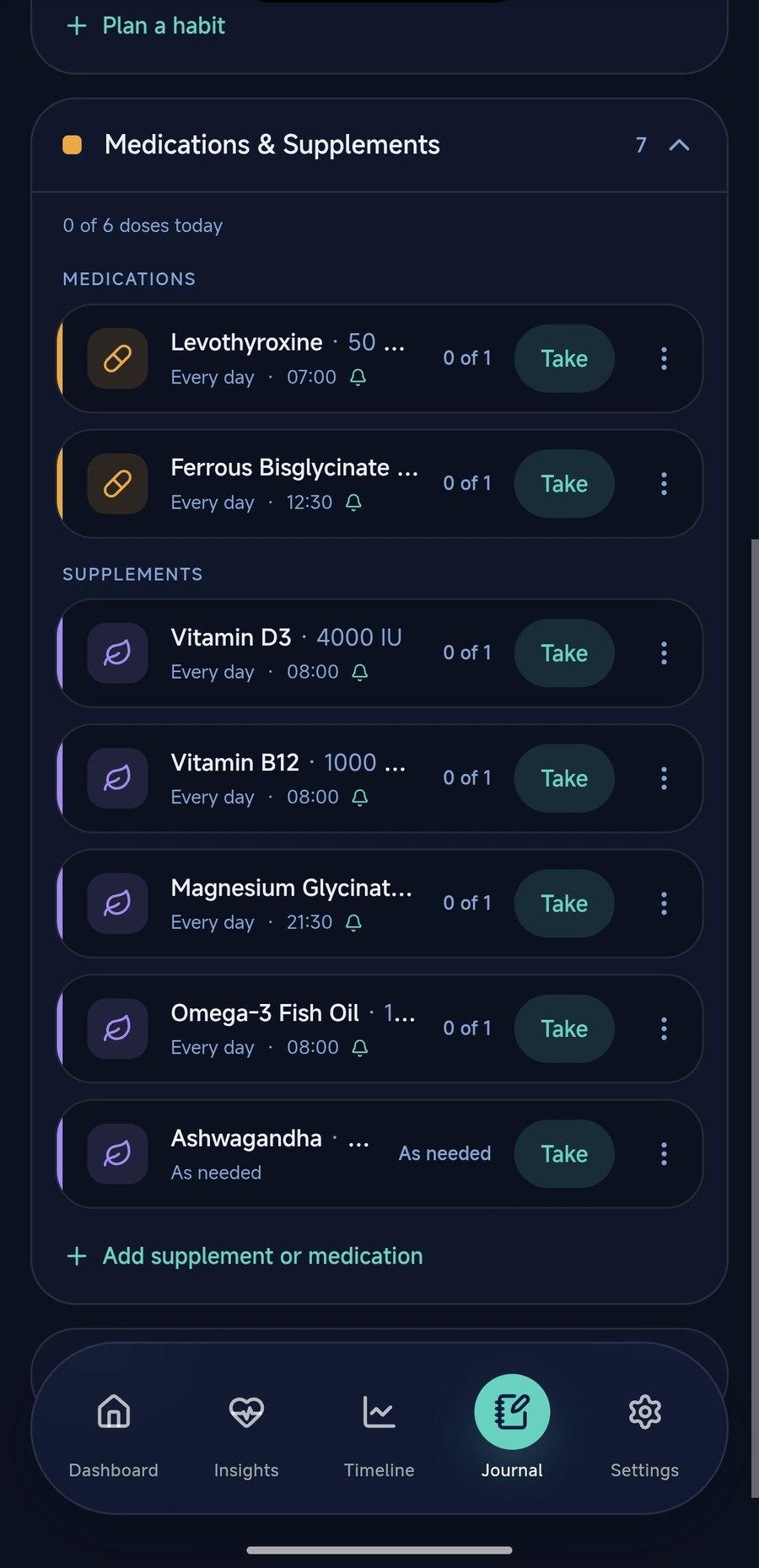 LabKeep medications and supplements list with one-tap Take buttons