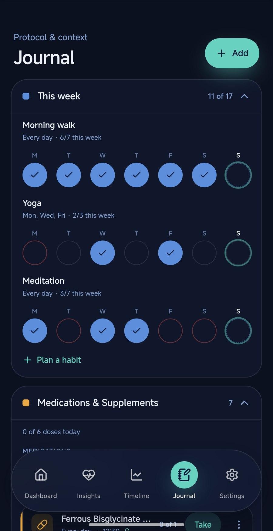 LabKeep journal weekly habit strip for morning walk, yoga, and meditation
